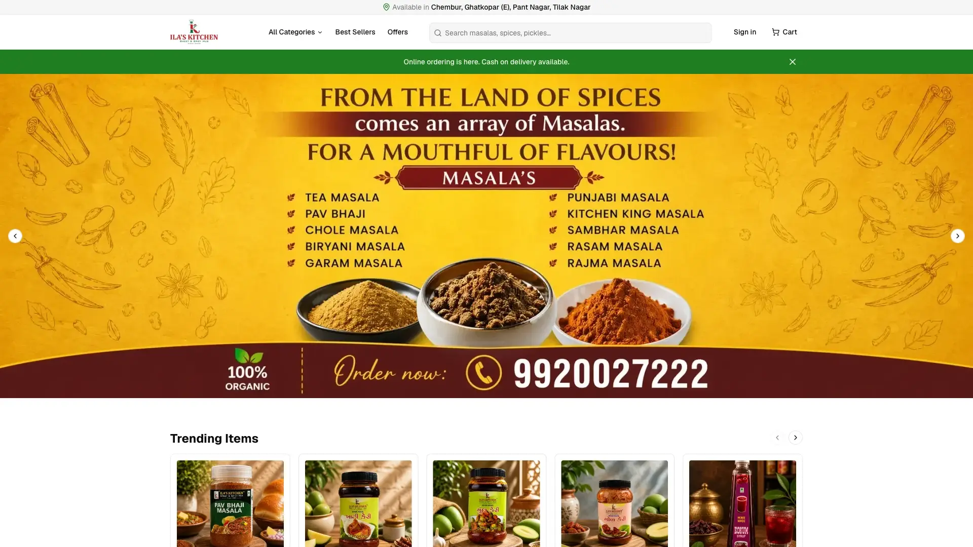 Ila's Kitchen ecommerce homepage with featured products and online ordering